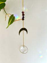 Load image into Gallery viewer, Gold Half Moon Suncatcher with Amethyst & Tiger’s Eye Beads in Round Gold Prism Frame – Rainbow Window Decor