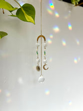 Load image into Gallery viewer, Mini Gold Charm Suncatcher with Opalite, Green & Blue Glass Beads, Sun & Moon Charms – Rainbow Prism Window Decor