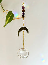 Load image into Gallery viewer, Gold Half Moon Suncatcher with Amethyst & Tiger’s Eye Beads in Round Gold Prism Frame – Rainbow Window Decor