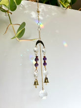 Load image into Gallery viewer, Mini Gold Moon & Sun Suncatcher with Amber & Amethyst Beads, Bells, and Prism Accents – Witchy Boho Decor