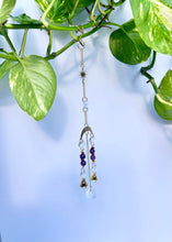 Load image into Gallery viewer, Mini Gold Moon & Sun Suncatcher with Amber & Amethyst Beads, Bells, and Prism Accents – Witchy Boho Decor