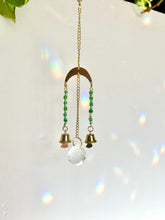 Load image into Gallery viewer, Mini Gold Moon Suncatcher with Green & Blue Glass Beads and Bells – Rainbow Prism Window Decor