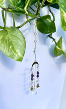 Load image into Gallery viewer, Mini Gold Moon & Sun Suncatcher with Amber & Amethyst Beads, Bells, and Prism Accents – Witchy Boho Decor