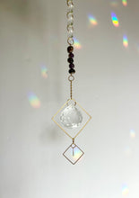 Load image into Gallery viewer, Rainbow Maker Suncatcher with Half Moon Charm, Tiger’s Eye & Amethyst Beads in Gold Diamond Frames – Prism Window Decor