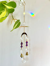 Load image into Gallery viewer, Mini Gold Moon & Sun Suncatcher with Amber & Amethyst Beads, Bells, and Prism Accents – Witchy Boho Decor