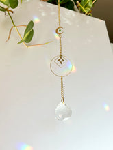 Load image into Gallery viewer, Gold Charm Suncatcher with Moon, Starburst, Round & Diamond Shapes, Green & Blue Glass Beads – Rainbow Prism Window Decor