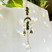 Load image into Gallery viewer, Mini Gold Moon Suncatcher with Turquoise Clay & Tiger’s Eye Beads, Gold Chain, and Bells – Witchy Boho Rainbow Light Decor