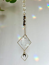 Load image into Gallery viewer, Rainbow Maker Suncatcher with Half Moon Charm, Tiger’s Eye & Amethyst Beads in Gold Diamond Frames – Prism Window Decor