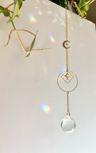 Load image into Gallery viewer, Gold Charm Suncatcher with Moon, Starburst, Round & Diamond Shapes, Green & Blue Glass Beads – Rainbow Prism Window Decor