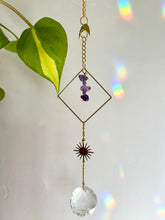 Load image into Gallery viewer, Rainbow Maker Suncatcher with Gold Half Moon & Sun Charms, Amethyst Beads in Gold Diamond Frame – Prism Window Decor