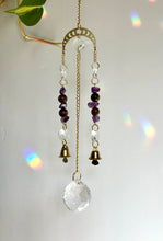 Load image into Gallery viewer, Gold Moon Phases Suncatcher with Amethyst & Tiger’s Eye Beads and Gold Bells – Celestial Window Decor