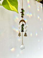 Load image into Gallery viewer, Mini Gold Moon Suncatcher with Turquoise Clay & Tiger’s Eye Beads, Gold Chain, and Bells – Witchy Boho Rainbow Light Decor
