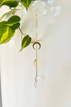 Load image into Gallery viewer, Double Gold Half Moon Suncatcher with Prism in Diamond Frame – Mystical Rainbow Window Decor