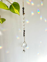 Load image into Gallery viewer, Rainbow Maker Suncatcher with Half Moon Charm, Tiger’s Eye & Amethyst Beads in Gold Diamond Frames – Prism Window Decor