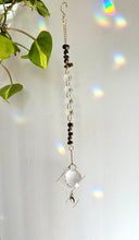 Load image into Gallery viewer, Rainbow Maker Suncatcher with Half Moon Charm, Tiger’s Eye & Amethyst Beads in Gold Diamond Frames – Prism Window Decor