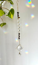 Load image into Gallery viewer, Rainbow Maker Suncatcher with Half Moon Charm, Tiger’s Eye & Amethyst Beads in Gold Diamond Frames – Prism Window Decor