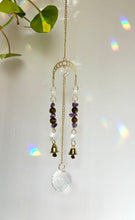 Load image into Gallery viewer, Gold Moon Phases Suncatcher with Amethyst & Tiger’s Eye Beads and Gold Bells – Celestial Window Decor