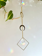 Load image into Gallery viewer, Double Gold Half Moon Suncatcher with Prism in Diamond Frame – Mystical Rainbow Window Decor