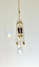 Load image into Gallery viewer, Gold Moon Phase Suncatcher with Amethyst & Tiger’s Eye Beads, Gold Starburst Charm, Bells, and Sun Prism Beads – Witchy Boho Decor