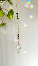 Load image into Gallery viewer, Rainbow Maker Suncatcher with Half Moon Charm, Tiger’s Eye & Amethyst Beads in Gold Diamond Frames – Prism Window Decor