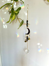 Load image into Gallery viewer, Gold Half Moon Suncatcher with Agate & Tiger’s Eye Beads and Brass Bells – Rainbow Prism Window Decor