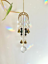 Load image into Gallery viewer, Gold Moon Phases Suncatcher with Turquoise & Tiger’s Eye Beads, Bells, and Crystal Accents – Witchy Boho Decor