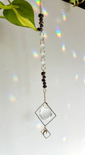 Load image into Gallery viewer, Rainbow Maker Suncatcher with Half Moon Charm, Tiger’s Eye & Amethyst Beads in Gold Diamond Frames – Prism Window Decor