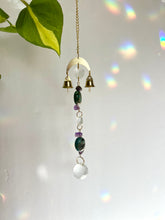 Load image into Gallery viewer, Gold Charm Mini Suncatcher with Turquoise & Amethyst Beads and Gold Bells – Rainbow Prism Window Decor
