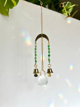 Load image into Gallery viewer, Mini Gold Moon Suncatcher with Green & Blue Glass Beads and Bells – Rainbow Prism Window Decor