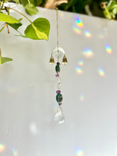 Load image into Gallery viewer, Gold Charm Mini Suncatcher with Turquoise & Amethyst Beads and Gold Bells – Rainbow Prism Window Decor