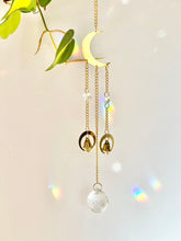 Load image into Gallery viewer, Gold Half Moon Suncatcher with Prism Beads and Bells – Rainbow Light Window Decor