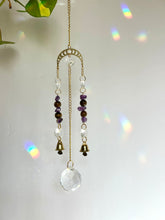 Load image into Gallery viewer, Gold Moon Phases Suncatcher with Amethyst & Tiger’s Eye Beads and Gold Bells – Celestial Window Decor