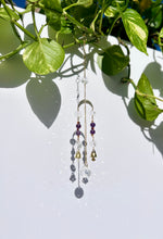 Load image into Gallery viewer, Mini Gold Moon & Sun Suncatcher with Amber & Amethyst Beads, Bells, and Prism Accents – Witchy Boho Decor