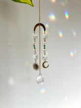 Load image into Gallery viewer, Mini Gold Charm Suncatcher with Opalite, Green & Blue Glass Beads, Sun & Moon Charms – Rainbow Prism Window Decor