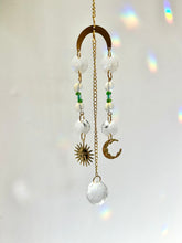 Load image into Gallery viewer, Mini Gold Charm Suncatcher with Opalite, Green & Blue Glass Beads, Sun & Moon Charms – Rainbow Prism Window Decor
