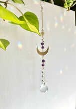 Load image into Gallery viewer, Gold Moon Suncatcher with Amethyst & Citrine Beads and Sun Charm – Rainbow Light Window Decor