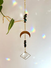 Load image into Gallery viewer, Half Moon Charm Suncatcher with Agate & Tiger’s Eye Beads in Gold Diamond Prism Frame – Rainbow Window Decor