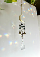 Load image into Gallery viewer, Gold Moon Suncatcher with Agate & Amethyst Beads, Brass Bells, and Sunburst Charm – Witchy Boho Decor