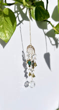 Load image into Gallery viewer, Gold Moon Phases Suncatcher with Turquoise & Tiger’s Eye Beads, Bells, and Crystal Accents – Witchy Boho Decor
