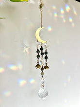 Load image into Gallery viewer, Gold Moon Suncatcher with Agate & Amethyst Beads, Brass Bells, and Sunburst Charm – Witchy Boho Decor