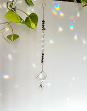 Load image into Gallery viewer, Rainbow Maker Suncatcher with Half Moon Charm, Tiger’s Eye & Amethyst Beads in Gold Diamond Frames – Prism Window Decor