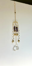 Load image into Gallery viewer, Gold Moon Phase Suncatcher with Amethyst & Tiger’s Eye Beads, Gold Starburst Charm, Bells, and Sun Prism Beads – Witchy Boho Decor