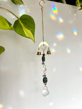 Load image into Gallery viewer, Gold Charm Mini Suncatcher with Turquoise & Amethyst Beads and Gold Bells – Rainbow Prism Window Decor