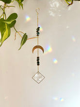 Load image into Gallery viewer, Half Moon Charm Suncatcher with Agate & Tiger’s Eye Beads in Gold Diamond Prism Frame – Rainbow Window Decor