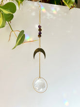 Load image into Gallery viewer, Gold Half Moon Suncatcher with Amethyst & Tiger’s Eye Beads in Round Gold Prism Frame – Rainbow Window Decor