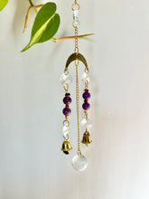Load image into Gallery viewer, Mini Gold Moon & Sun Suncatcher with Amber & Amethyst Beads, Bells, and Prism Accents – Witchy Boho Decor