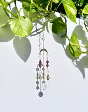 Load image into Gallery viewer, Mini Gold Moon & Sun Suncatcher with Amber & Amethyst Beads, Bells, and Prism Accents – Witchy Boho Decor
