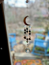Load image into Gallery viewer, Gold Moon Suncatcher with Agate & Amethyst Beads, Brass Bells, and Sunburst Charm – Witchy Boho Decor