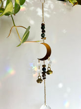 Load image into Gallery viewer, Gold Half Moon Suncatcher with Agate & Tiger’s Eye Beads and Brass Bells – Rainbow Prism Window Decor
