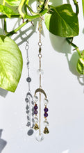 Load image into Gallery viewer, Mini Gold Moon & Sun Suncatcher with Amber & Amethyst Beads, Bells, and Prism Accents – Witchy Boho Decor